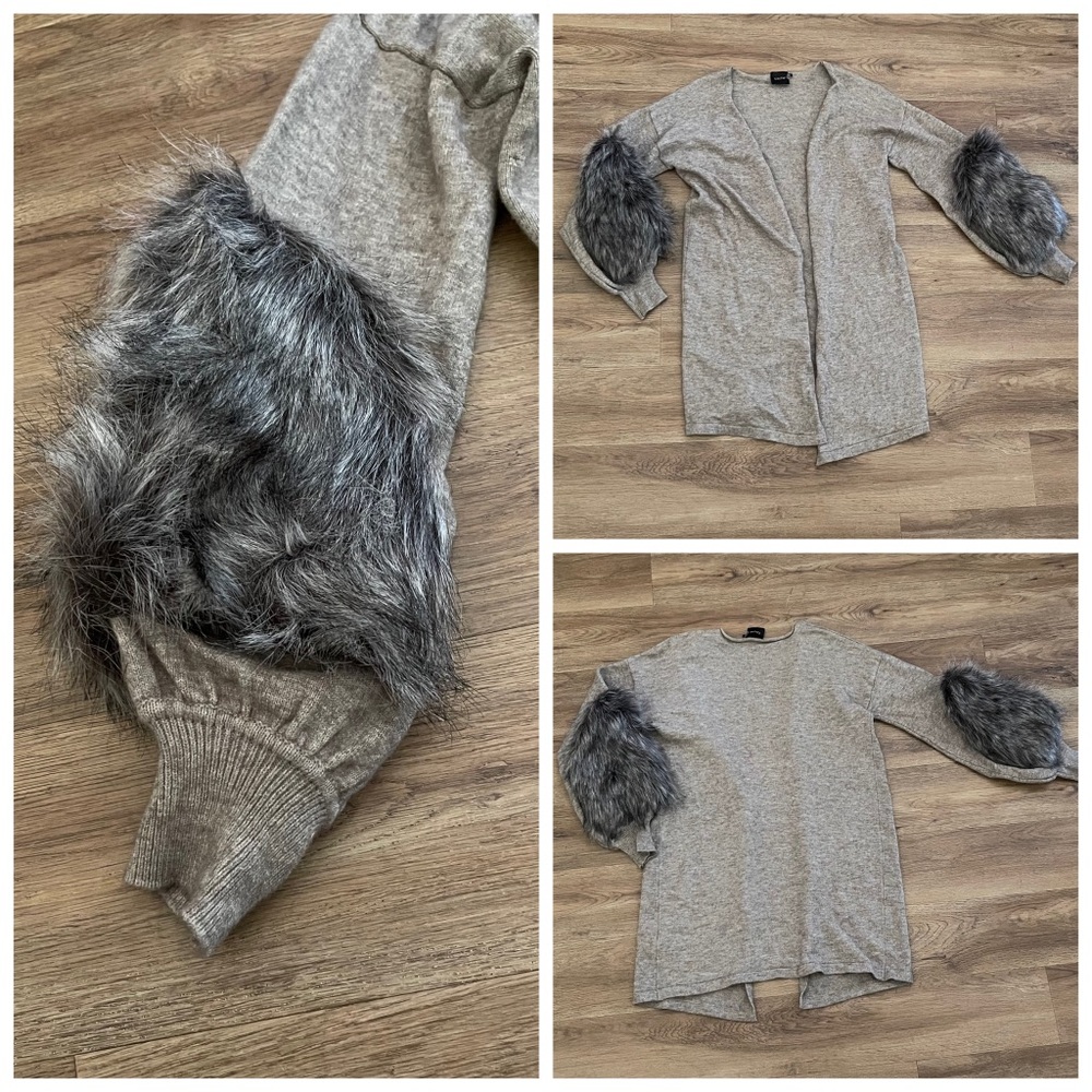 Cliche Couture Cardigan Sweater With Faux Fur Cuff Sleeves.